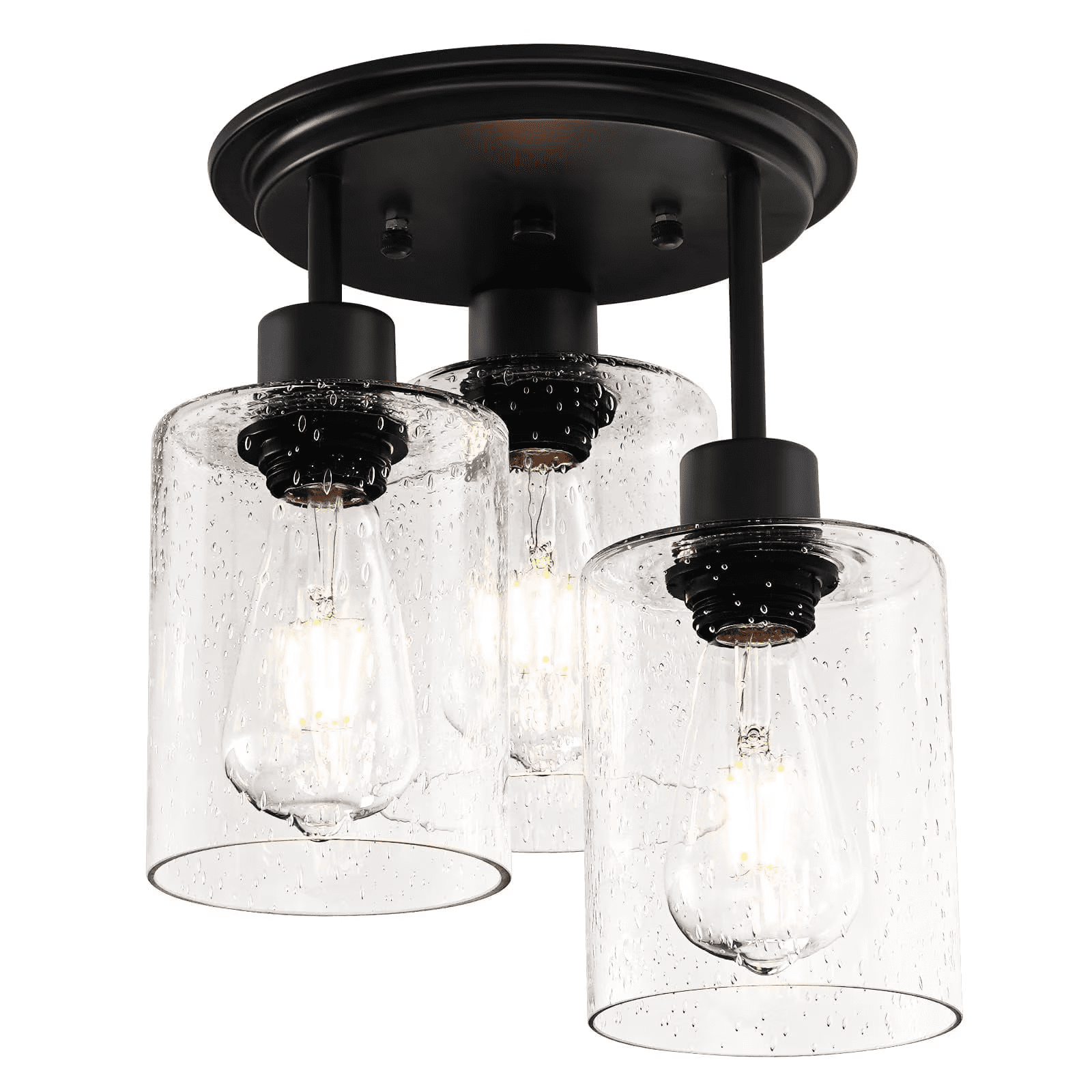 FRIDEKO HOME Semi Flush Mount Ceiling Light, 3-Light, E26 Base, Modern Black Finish Ceiling Light Fixtures with Seeded Glass Shades for Kitchen, Bedroom, Entryway, Hallway (Without Bulb)