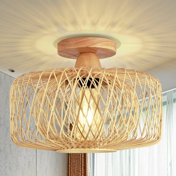 Motent Farmhouse Woven Rattan Flush Mount Light Fixture for Bedroom Living Room Hallway Kitchen