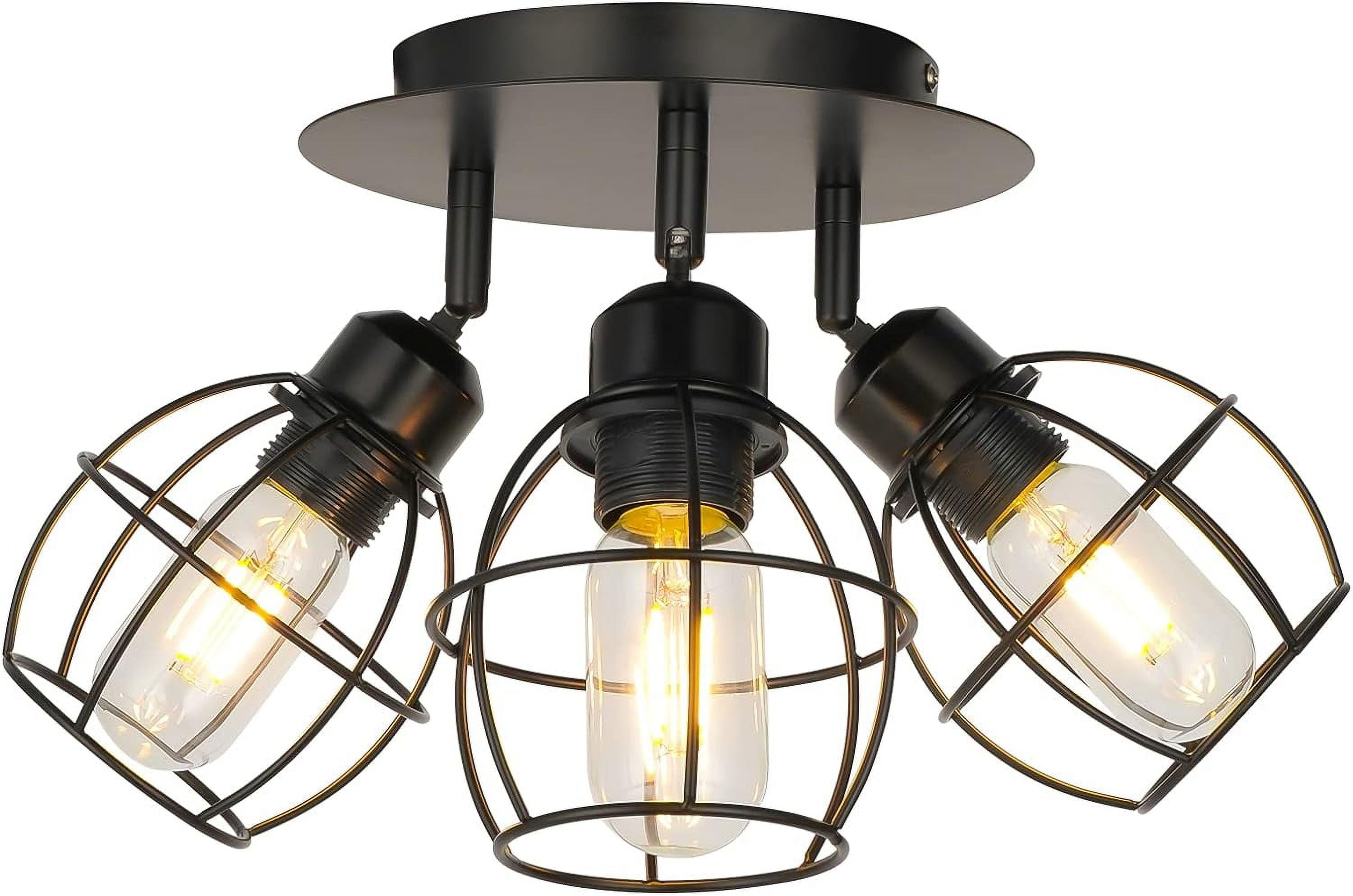 Motent Industrial Flush Mount Ceiling Light 3Light Black Metal Caged