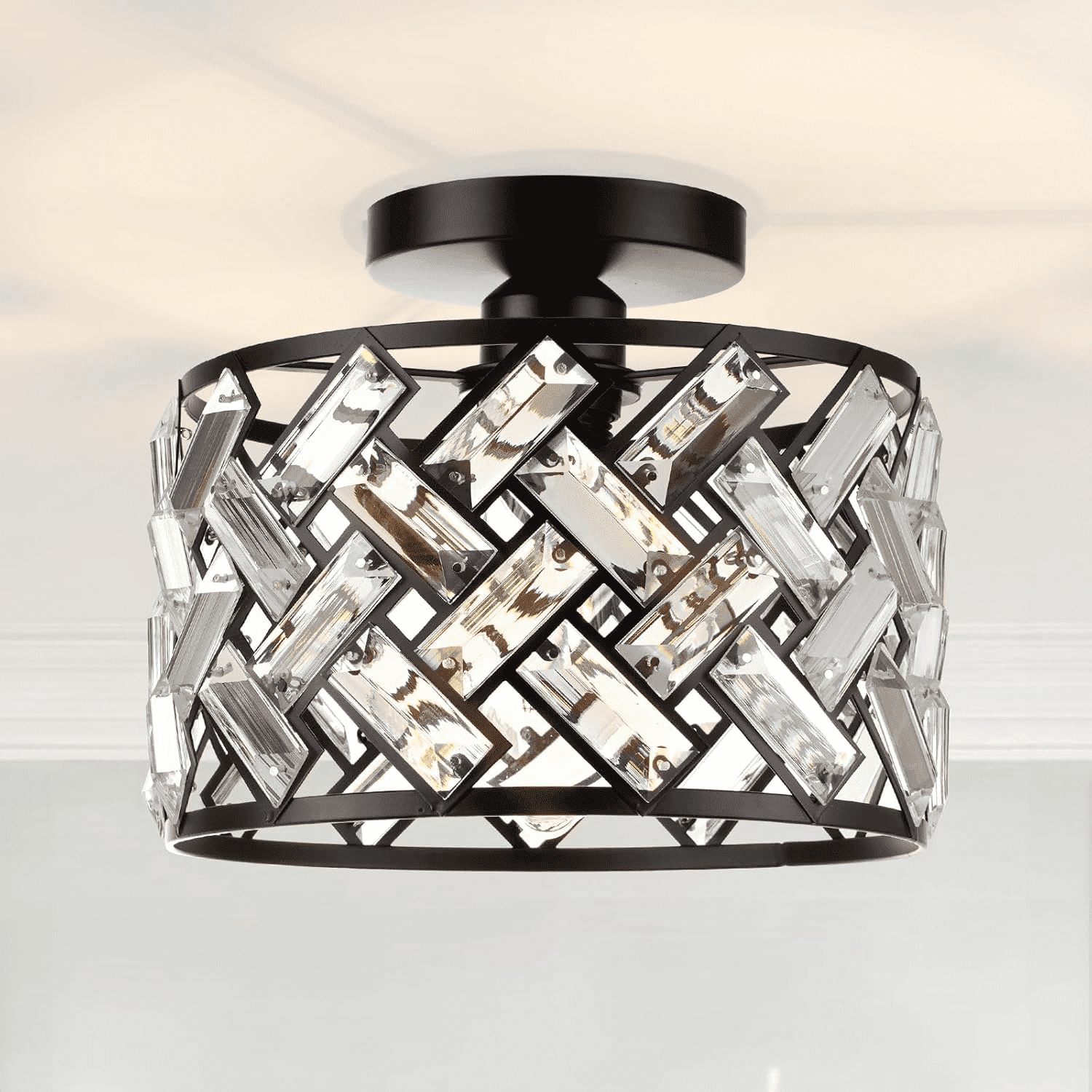 FRIDEKO HOME 8.86" Crystal Ceiling Light Fixture, E26 Base, Black Modern Semi Flush Mount Ceiling Light for Hallway, Closet, Foyer, Bathroom (Without Bulb)