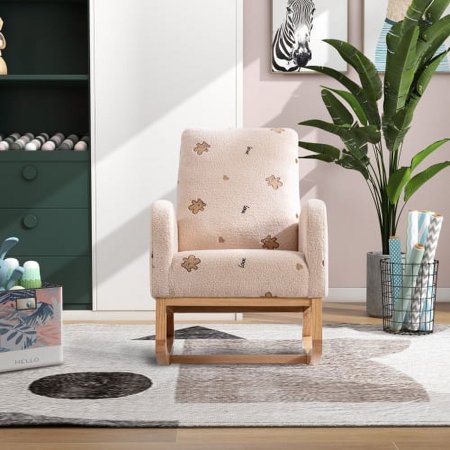 Motent Modern Rocking Chair for Nursery, Mid Century Accent Rocker Armchair With Side Pocket, Upholstered High Back Wooden Rocking Chair for Living Room Baby Kids Room Bedroom, Beige
