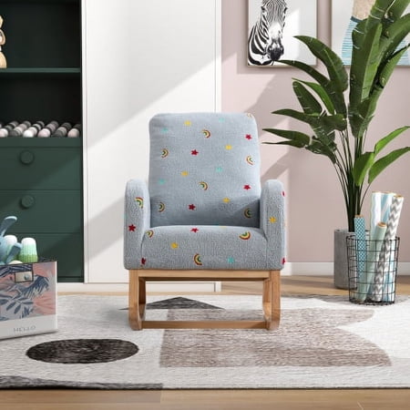 Motent Modern Rocking Chair for Nursery, Mid Century Accent Rocker Armchair With Side Pocket, Upholstered High Back Wooden Rocking Chair for Living Room Baby Kids Room Bedroom, Blue