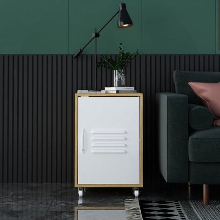 Motent Moline wheel cabinet, 1-Door Stand, Industrial Bedside Table, Storage Cabinet, White