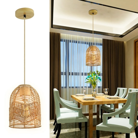 Motent Rattan Pendant Light Boho Rattan Chandelier for Farmhouse Bedroom, Electric cord Length 47.2"