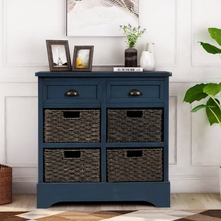 Motent Rustic Storage Cabinet with Two Drawers and Four Classic Rattan Basket for Dining Room/Living Room (Antique Navy)