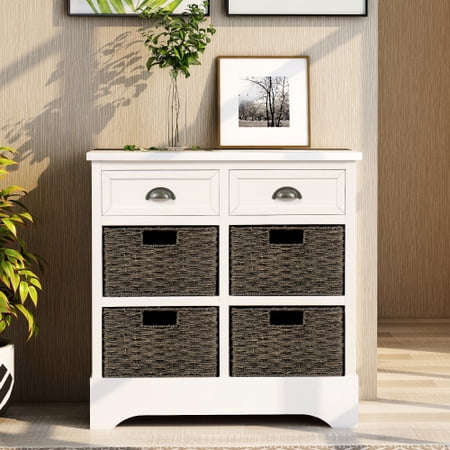 Motent Rustic Storage Cabinet with Two Drawers and Four Classic Rattan Basket for Dining Room/Living Room (White)