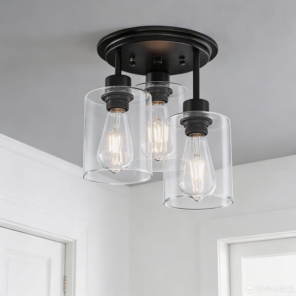 FRIDEKO HOME 3-Light Semi Flush Mount Ceiling Light, E26 Base, Clear Glass Shades, Matte Black Kitchen Light Fixtures for Dining Room, Hallway, Living Room (Without Bulb)