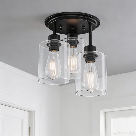 FRIDEKO HOME 3-Light Semi Flush Mount Ceiling Light, E26 Base, Clear Glass Shades, Matte Black Kitchen Light Fixtures for Dining Room, Hallway, Living Room (Without Bulb)