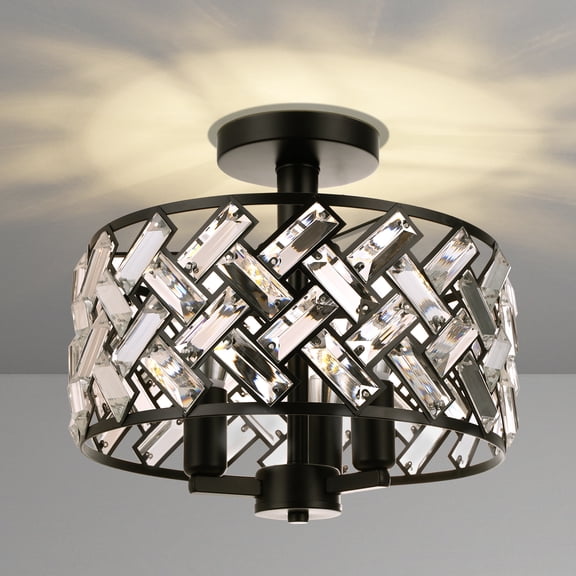 FRIDEKO HOME 11.81" Semi Flush Mount Ceiling Light, E12 Base, 3-Light Crystal Ceiling Light Fixture, Black Kitchen Light Fixtures for Bedroom Hallway Living Room Dining Room (Bulb not Included)