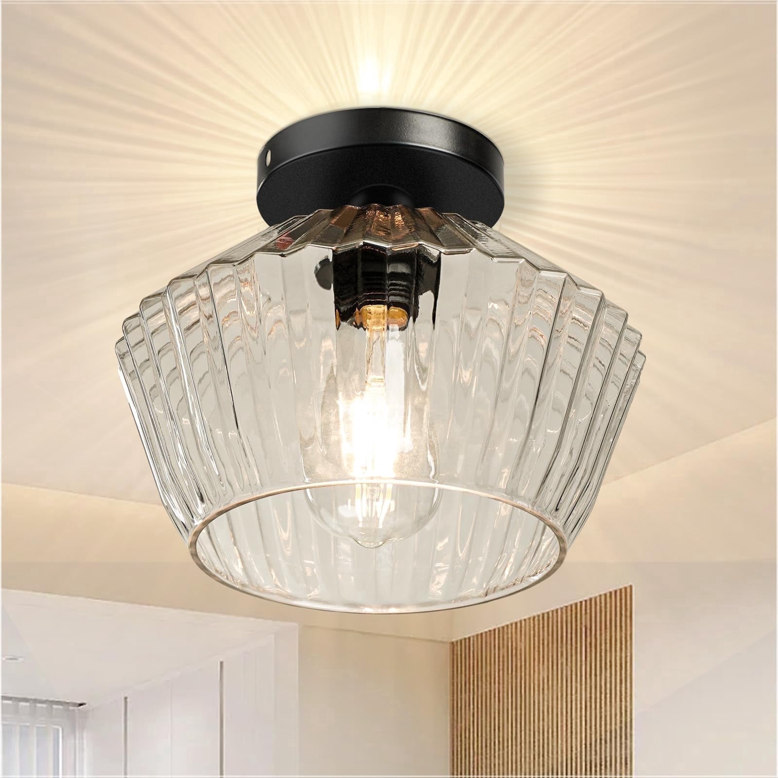 FRIDEKO HOME 9.84" Semi Flush Mount Ceiling Light Fixture, Clear Textured Glass Shade, E26 Base, Modern Lighting Fixture Ceiling for Hallway Kitchen Bedroom Bathroom (Without Bulb)