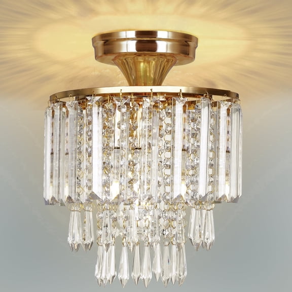 FRIDEKO HOME 9.05" Gold Semi Flush Mount Ceiling Light Fixture, E26 Base, 3 Tiers Raindrops Crystal Ceiling Light for Hallway Entryway Living Room Bedroom (Without Bulb)