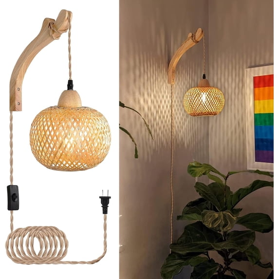 FRIDEKO HOME Bamboo Wall Lights, Hand Woven Rattan Plug in Wall Sconces, Farmhouse Rustic Wall Lamps, Boho Sconces Wall Lights for Living Room Bedroom