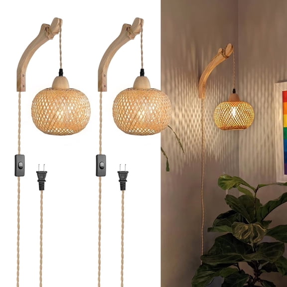 Frideko Home Plug in Wall Sconces Set of 2, Boho Rattan Wall Lights, Farmhouse Wall Light Fixtures with 9.84FT On/Off Switch Cord for Bedroom Living Room