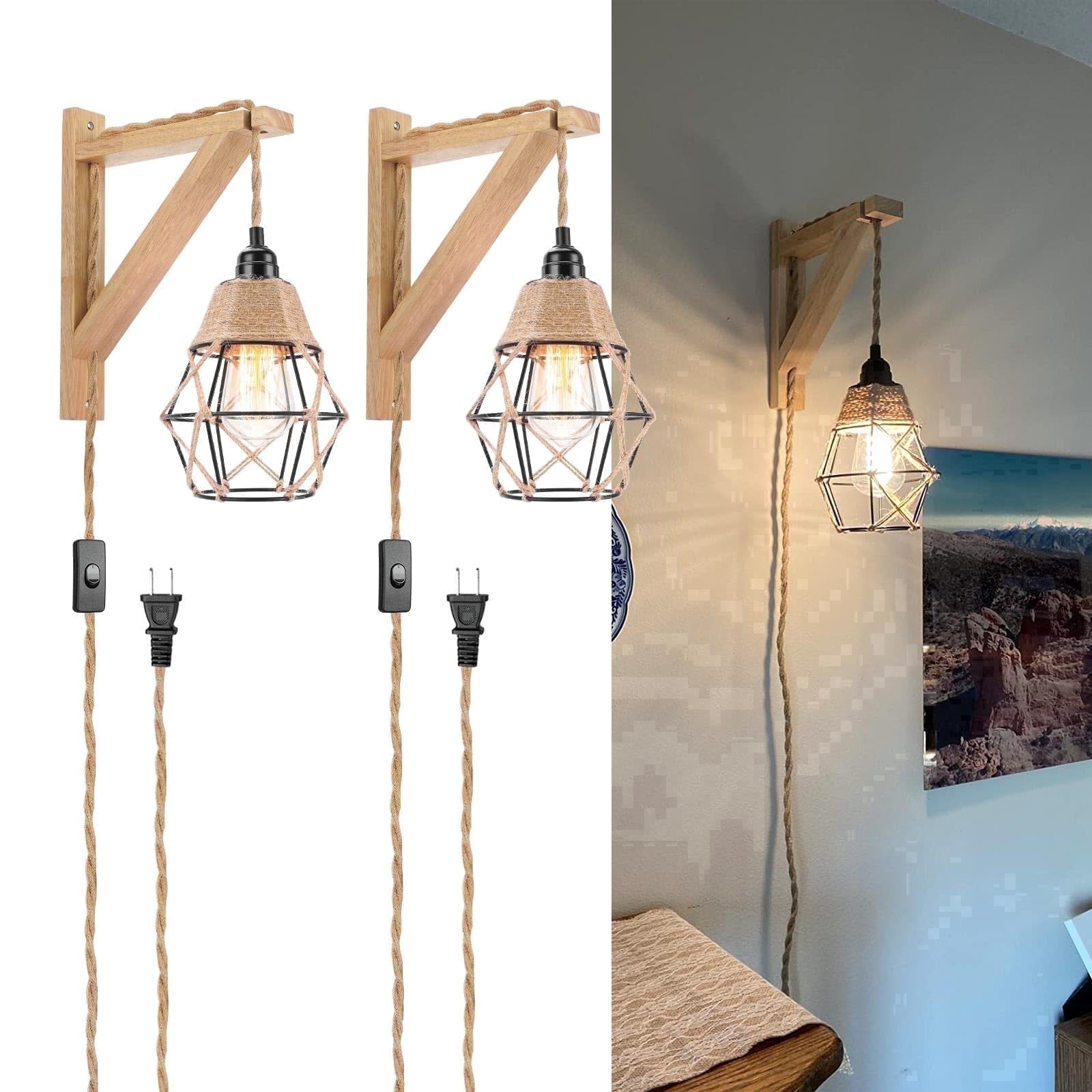 FRIDEKO HOME Plug in Wall Sconces Set of 2, Wood Light Fixtures Industrial Farmhouse Wall Lamps with 8.2 FT on/off Switch Cord, Indoor Metal Cage Wall Lights for Living Room (No Bulbs Included)