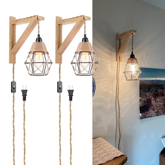 FRIDEKO Plug in Wall Sconces Set of 2 (Without Bulb), Wood Light Fixtures Industrial Farmhouse Wall Lamps with 8.21FT on/off Switch Cord, Indoor Metal Cage Wall Lights for Living Room