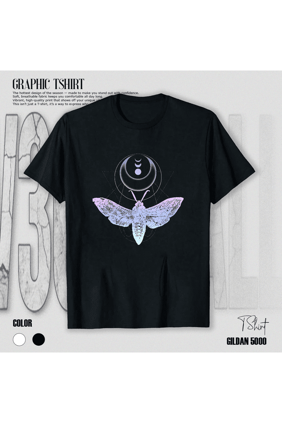 Moth And Crescent Moon Witchy Pastel Goth Celestial Style Unisex T-Shirt V17498, up to size 5XL