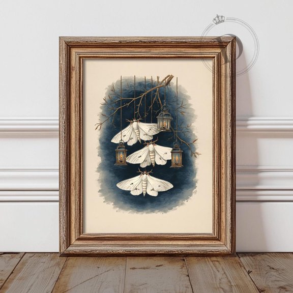 Moth And Lantern Wall Art Dark Cottagecore Whimsical Bedroom Decor Vintage Style Room