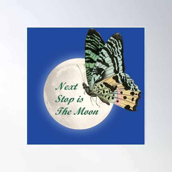 Moth And Moon - Next Stop Is The Moon Poster Wall Art, Modern Wall Decor, 30x30 UNFRAMED