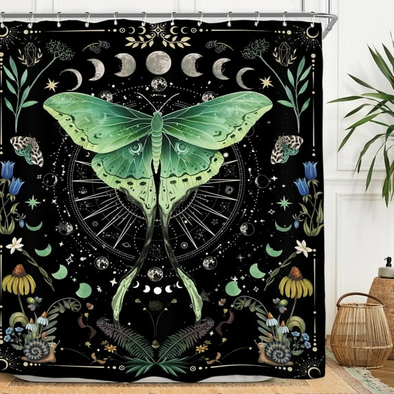 Moth Butterfly Moon Phase Floral Shower Curtain Set Witchy Gothic Night Moonlit Vintage Botanical Mushroom Mysterious Polyester Waterproof Bathroom Curtain with 12 Hooks