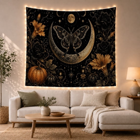 Moth and Crescent Moon on Black Background, Mysterious Gothic for Nature Lovers, Celestial Art Print, Halloween Gift Tapestry Wall Hanging for Bedroom and Living Room