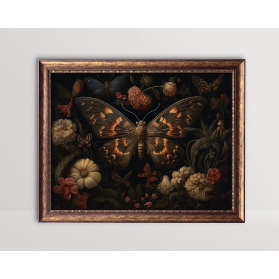 Moth, Dark Gothic Cottagecore Art, Moody Botanical , Goth Wall Art, Fairycore, Dark Academia Aesthetic, 8x12 UNFRAMED