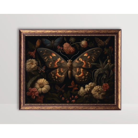 Moth, Dark Gothic Cottagecore Art, Moody Botanical , Goth Wall Art, Fairycore, Dark Academia Aesthetic, Unframed Poster Size 12x18