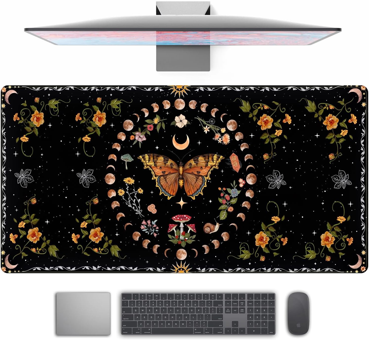 Moth Desk Pad Mushroom Phase Moon Phase Desk Mat, Boho Flowers and Leaves Computer Big Mouse Pad Washable Cloth Non-Slip Rubber Base Keyboard Pad Mouse Mat for Office with Stitched Eges 31.5x15.7 in