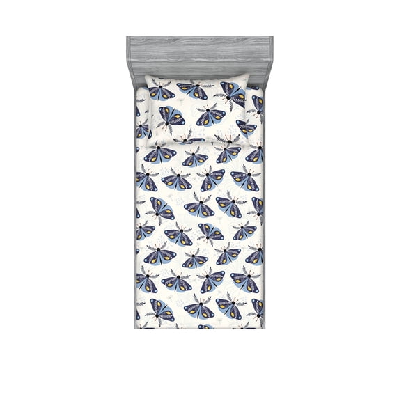 Moth Drawing Fitted Sheet & Pillow Sham Set, Jungle Vibes Winged Animal With Floral Design Wings Minimalist, Decorative Printed 2 Piece Bedding Decor, Twinxl, Dark Sky Blue Off White, by Ambesonne