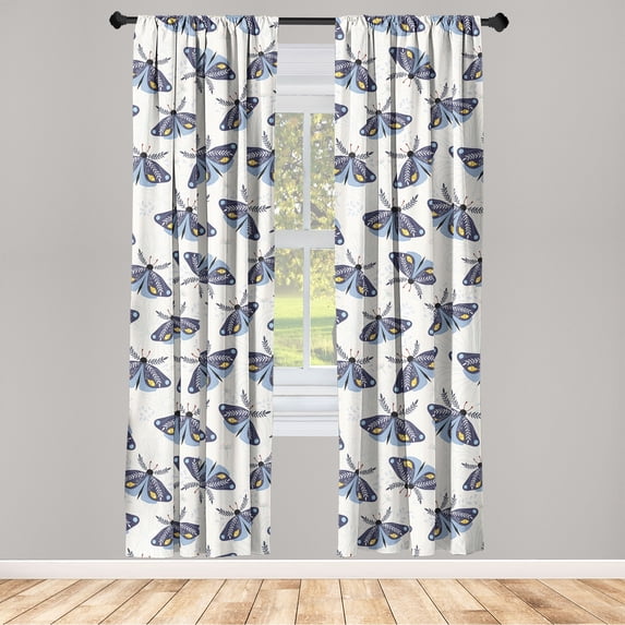 Moth Drawing Window Curtains, Jungle Vibes Winged Animal With Floral Design Wings Minimalist, Lightweight Decor 2-Panel Set with Rod Pocket, Pair of - 28"x63", Dark Sky Blue Off White, by Ambesonne