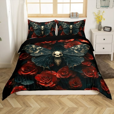 Moth Duvet Cover Gothic Skull Floral Comforter Cover,Extoic Boho Decor Bedding Set Red Rose for Gilrs Women Lover Quilt Cover （No Comforter）