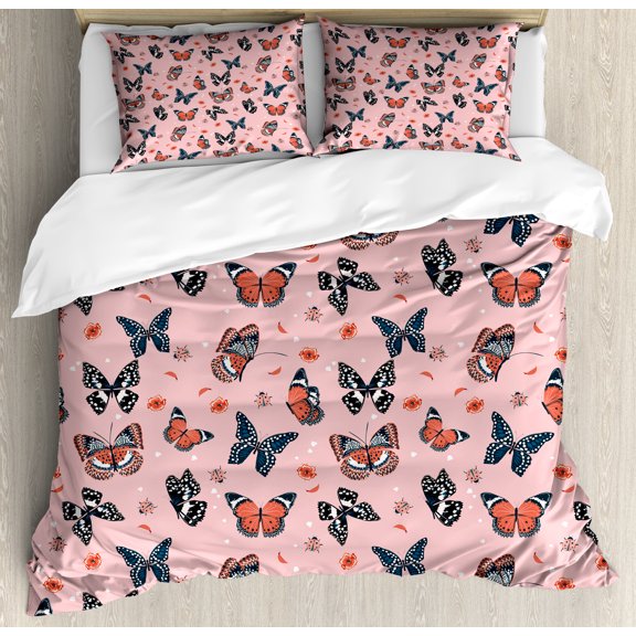 Moth Duvet Cover Set, Butterfly Design Flying Insects Freedom Wings of Mother Nature Pattern, Decorative 3 Piece Bedding Set with 2 Pillow Shams, King Size, Rose Salmon and Dark Blue, by Ambesonne