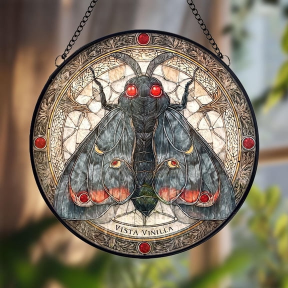 Moth Glass Suncatcher, Gothic Insect Red Eyes Dark Nature, 6.3 in