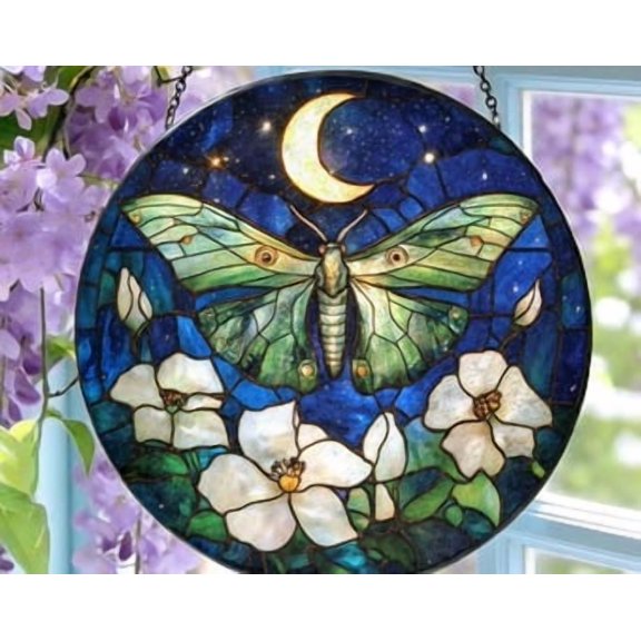Moth Glass Suncatcher: Moonlit Luna Moth Window Hanging, Celestial Moon Boho Decor, Gift for Mom, 3.5 in