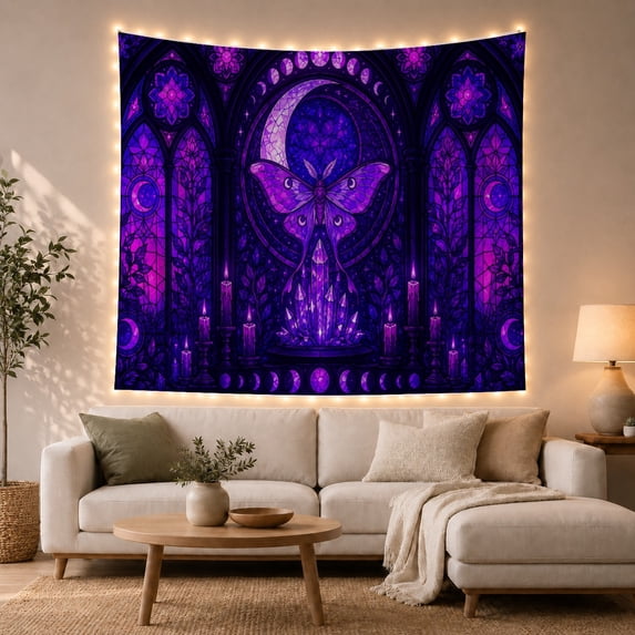 Moth in Gothic Stained Glass with Crystals, Mystical Gothic Style for Dark Art Lovers, Celestial Wall Art, Halloween Gift, Tapestry Wall Hanging for Bedroom and Dorm