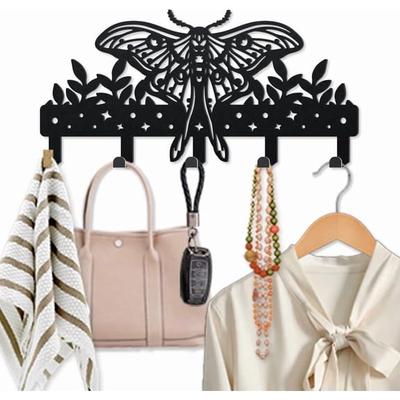 Moth Insect Metal Key Hook Leaf Plant Butterfly Moth Coat Rack for Wall 9.84.7inch Star Dot Pattern Black Art Wall Decor Key Holder with 5 Hooks for Gift Kitchen Bathroom Home Decor