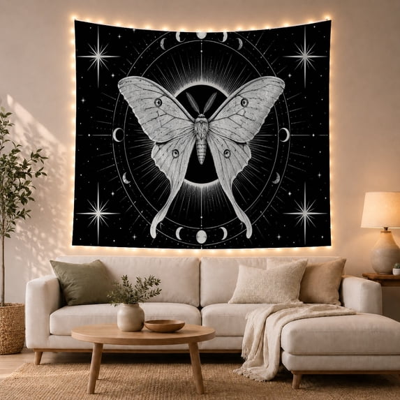 Moth with Luminous Wings Against a Starfield and Moon Phases, Mystical Celestial for Dark Decor Lovers, Ethereal Night Sky Art, Halloween Gift, Tapestry Wall Hanging for Bedroom and Living Room