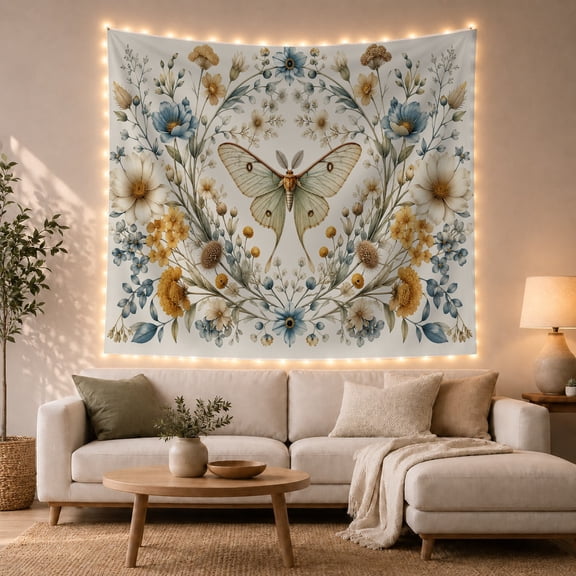 Moth with Lush Botanical Wreath on Cream Background, Mystical Illustration for Nature Lovers, Vintage Floral Art Decor Housewarming Gift, Tapestry Wall Hanging for Bedroom and Living Room