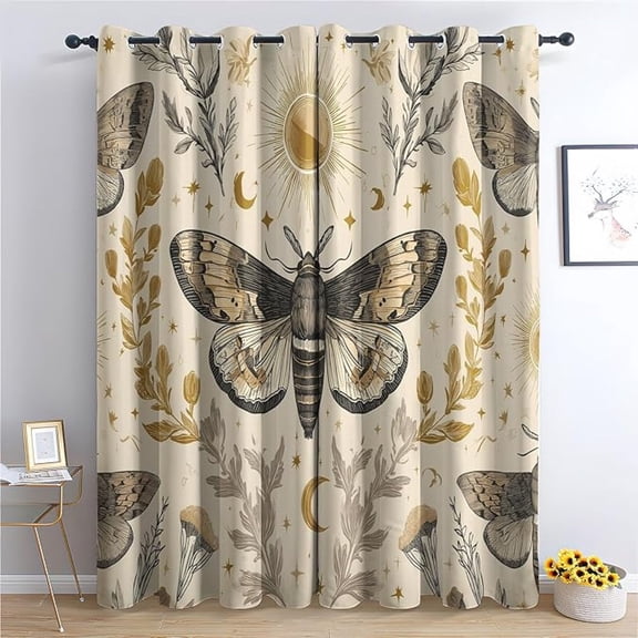Moth And Moon Blackout Curtains, Vintage Boho Botanical Celestial Patterned Curtains For Bedroom, Living Room Decor, Room Darkening Thermal Insulated Grommet Drapes 26"W x 45"L (Pack of 2)
