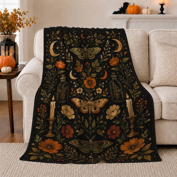 Moth Moon Botanical Vintage Illustration, Mystical Celestial Art Scene, Warm Flannel Blanket for Sunroom and Reading Nook, Celestial Art Lovers Valentine's Day Gift, Celestial Home Decor
