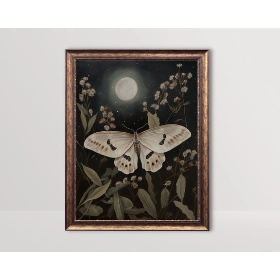Moth & Moon, Dark Cottagecore Wall Art, Moody Vintage, Dark Academia Aesthetic, White Butterfly Whimsigoth Botanical Poster, Unframed Poster Size 12x18