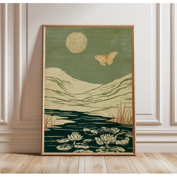 Moth Moon Landscape Print | Folk Art Wall Art | Nature Poster, Poster Only