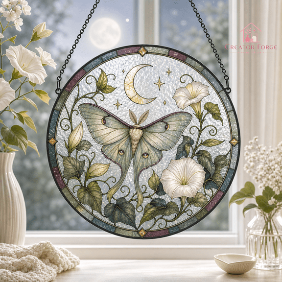 Moth Moonflower Stained Glass Suncatcher Window Hanging Gift for Nature Lovers
