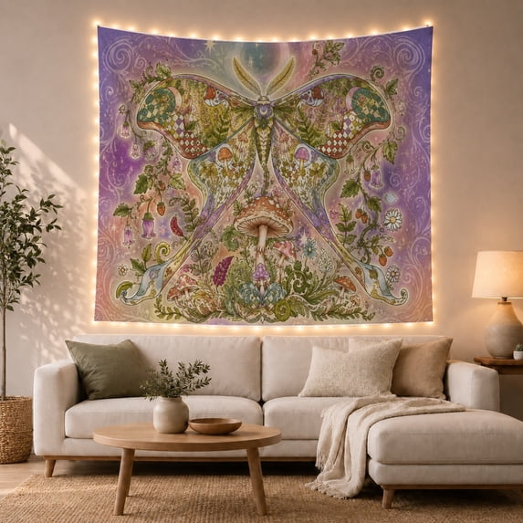 Moth Over Mushrooms and Wildflowers in Magical Forest Dreamy Boho for Nature Lovers Forest Wall Art Housewarming Gift Tapestry Wall Hanging for Living Room and Bedroom