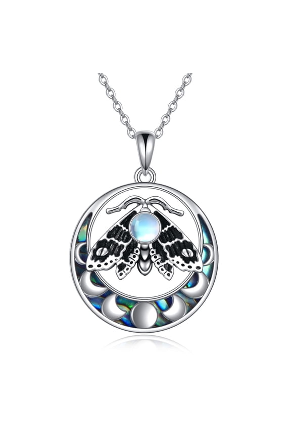 Moth Necklace 925 Sterling Silver Moon Phase Pendant Luna Moth Moonstone Necklace Gothic Witchy Jewelry Gift for Women Men
