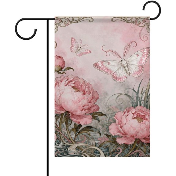 Moth Peony Cluster Garden Flags for Outside 12x18 Double Sided Weatherproof Polyester Seasonal Yard Flag with 2" Sleeve & 4 Ties Welcome House Outdoor Banner Decor for Holidays & Gifts