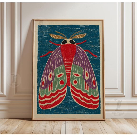 Moth Poster Colourful Insect Print Red Green Blue Folk Style Wall Art