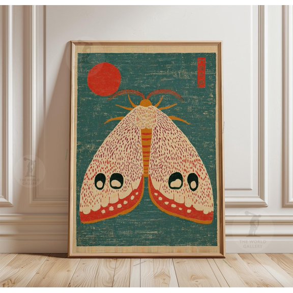 Moth Poster Japanese Style Insect Print Red Sun Nature Wall Art