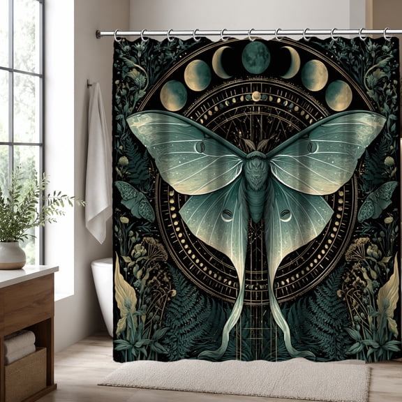 Moth Shower Curtain, Mystical Moon Phase Butterfly Shower Curtain with Botanical Gothic Design, Dark Fantasy Bathroom Decor, 70.87 x 70.87 Inch