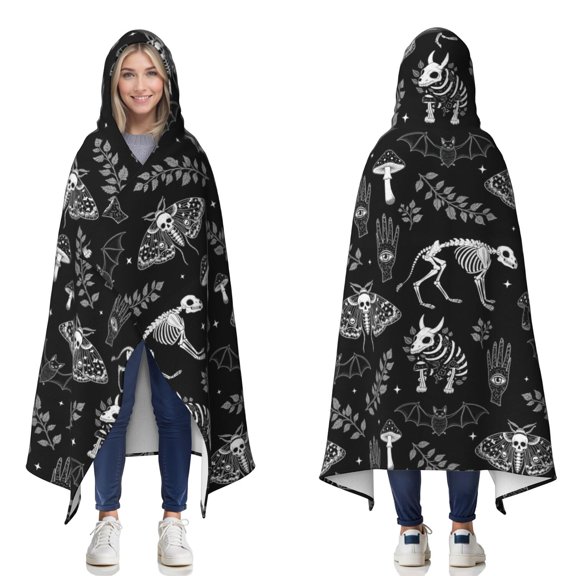Moth and Skeleton Gothic Pattern Hooded Flannel Blanket, Camping Wearable Blanket with Hood & Wrap Design, Soft Flannel Fabric Gifts for Home Camping Travel Movie,50"x60"