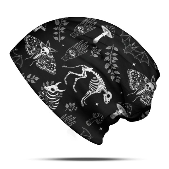 Moth and Skeleton Gothic Pattern Slouchy Beanie Hat, Sleep Head Covering with Stretchy Fabric & Soft Texture, Lightweight Flexible Gifts for Birthday Christmas Thanksgiving
